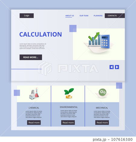 Calculation flat landing page website template. Chemical, environmental, mechanical. Web banner with header, content and footer. Vector illustration. Calculation flat landing page website template. Chemical, environmental, mechanical. Web banner with header, content and footer. Vector illustration. 107616380
