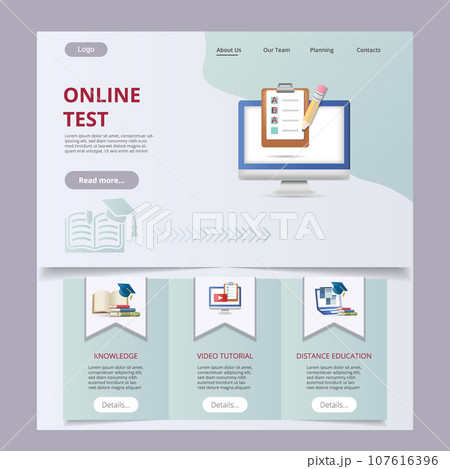 Online test flat landing page website template. Knowledge, video tutorial, distance education. Web banner with header, content and footer. Vector illustration. Online test flat landing page website template. Knowledge, video tutorial, distance education. Web banner with header, content and footer. Vector illustration. 107616396