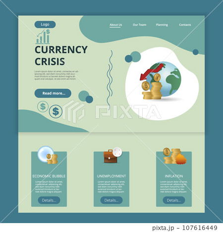 Currency crisis flat landing page website template. Economic bubble, unemployment, inflation. Web banner with header, content and footer. Vector illustration. 107616449