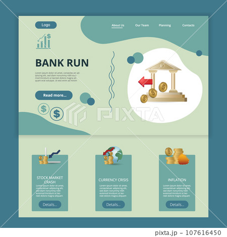 Bank run flat landing page website template. Stock market crash, currency crisis, inflation. Web banner with header, content and footer. Vector illustration. 107616450