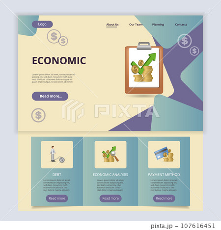 Economic flat landing page website template. Debt, economic analysis, payment method. Web banner with header, content and footer. Vector illustration. 107616451