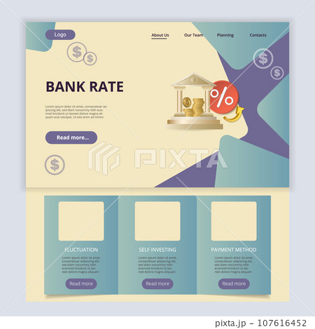 Bank rate flat landing page website template. Fluctuation, self investing, payment method. Web banner with header, content and footer. Vector illustration. 107616452