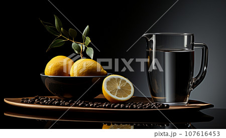 Water with lemon in clear glass. Refreshing still life.  Ai-generated  107616453