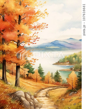 紅葉の湖のイラスト素材 [107616681] - PIXTA