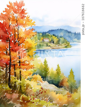 紅葉の湖のイラスト素材 [107616682] - PIXTA