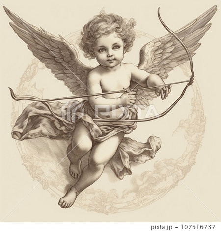 空を飛びながら弓を射っているキューピッドのモノクロイラスト 107616737