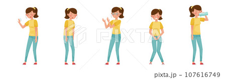 Diabetes Symptoms with Young Woman Suffer from Illness Vector Set Diabetes Symptoms with Young Woman Suffer from Illness Vector Set 107616749