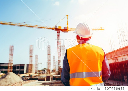 Engineering wearing hardhat with blurred site construction building background, Generative AI illustration 107616931