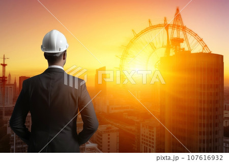 Engineering wearing hardhat with blurred site construction building background, Generative AI illustration 107616932