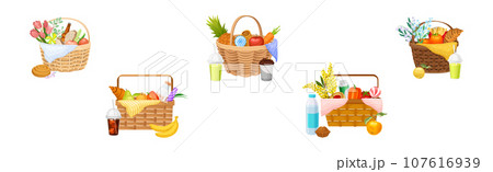 Lunch Hamper or Picnic Wicker Basket with Food Vector Set 107616939