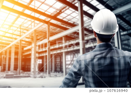 Engineering wearing hardhat with blurred site construction building background, Generative AI illustration Engineering wearing hardhat with blurred site construction building background, Generative AI illustration 107616940