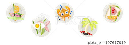 Breakfast Pirate Food for Children and Meal Plating Idea Vector Set Breakfast Pirate Food for Children and Meal Plating Idea Vector Set 107617019