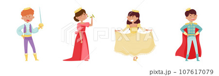 Cute Little Boys and Girl Prince and Princess in Gown with Crown Vector Set Cute Little Boys and Girl Prince and Princess in Gown with Crown Vector Set 107617079