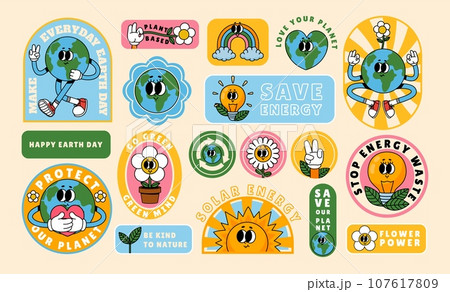 Cartoon retro Earth stickers. Save planet. Old style 70s funny mascot eco-friendly earth character. Concept design with protection nature. Earth day. Vector illustration Cartoon retro Earth stickers. Save planet. Old style 70s funny mascot eco-friendly earth character. Concept design with protection nature. Earth day. Vector illustration 107617809