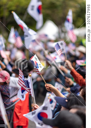 People rally in the street in support of Korea USA alliance in Seoul South Korea People rally in the street in support of Korea USA alliance in Seoul South Korea 107617998