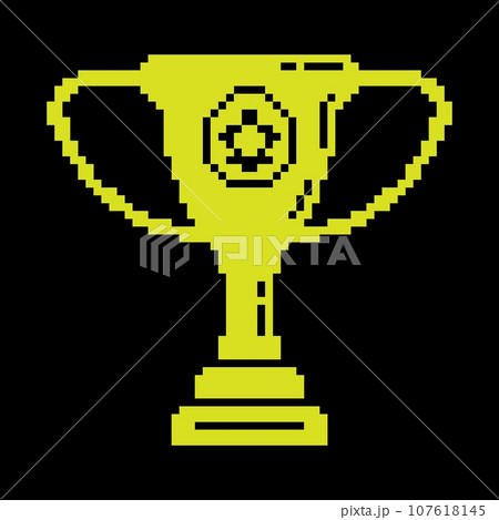 Prize sports cup for participation in sports competitions. Award to winner of tournament. Pixel silhouette icon. Simple black and yellow vector Prize sports cup for participation in sports competitions. Award to winner of tournament. Pixel silhouette icon. Simple black and yellow vector 107618145