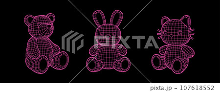Y2k grid wireframe bear bunny cat toy. Geometryのイラスト