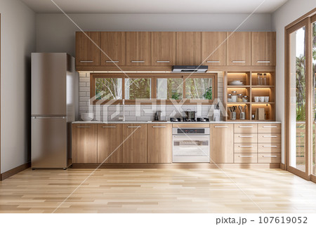 Modern contemporary empty dining room with wooden kitchen counter background 3d render 107619052