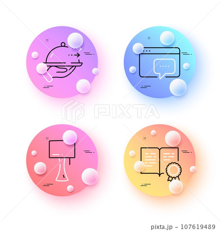 Food delivery, Seo message and Table lamp minimal line icons. 3d spheres or balls buttons. Certificate icons. For web, application, printing. Restaurant plate, Support chat, Bedside lamp. Vector 107619489