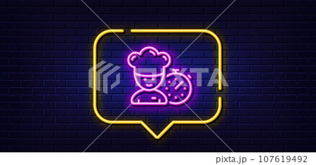 Neon light speech bubble. Chef time line icon. Chief-cooker sign. Food timer symbol. Neon light background. Chef glow line. Brick wall banner. Vector 107619492