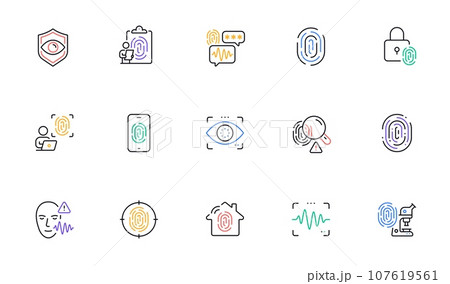 Biometric line icons. Fingerprint access, Eye biometric and Voice recognition. Detect identity, Check finger access and Scan eye or voice icons. Identify user by fingerprint, secure id. Vector Biometric line icons. Fingerprint access, Eye biometric and Voice recognition. Detect identity, Check finger access and Scan eye or voice icons. Identify user by fingerprint, secure id. Vector 107619561
