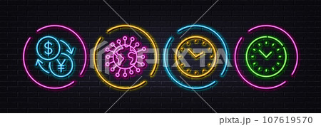 Currency exchange, Coronavirus and Time minimal line icons. Neon laser 3d lights. Time management icons. For web, application, printing. Money transfer, Pandemic infection, Clock. Office clock. Vector Currency exchange, Coronavirus and Time minimal line icons. Neon laser 3d lights. Time management icons. For web, application, printing. Money transfer, Pandemic infection, Clock. Office clock. Vector 107619570