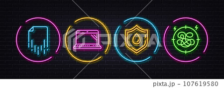 Blood donation, Laptop and Recovery file minimal line icons. Neon laser 3d lights. Stress icons. For web, application, printing. Medicine analyze, Computer, Backup document. Anxiety chat. Vector 107619580
