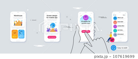 Outline set of Sleep, Notification bell and Repairman line icons for web application. Phone ui interface. Include 24h service, Loyalty card, Certificate icons. Cogwheel, Return package. Vector Outline set of Sleep, Notification bell and Repairman line icons for web application. Phone ui interface. Include 24h service, Loyalty card, Certificate icons. Cogwheel, Return package. Vector 107619699
