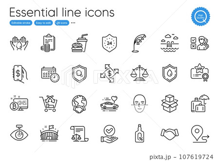 24 hours, Global business and Handshake line icons. Collection of Wash hands, Journey, Calendar icons. Opinion, Honeymoon travel, Accounting web elements. Vip certificate, Inspect. Vector 107619724