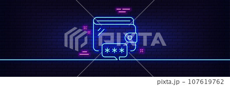 Neon light glow effect. Wallet line icon. Money purse password sign. Cash budget symbol. 3d line neon glow icon. Brick wall banner. Wallet outline. Vector Neon light glow effect. Wallet line icon. Money purse password sign. Cash budget symbol. 3d line neon glow icon. Brick wall banner. Wallet outline. Vector 107619762