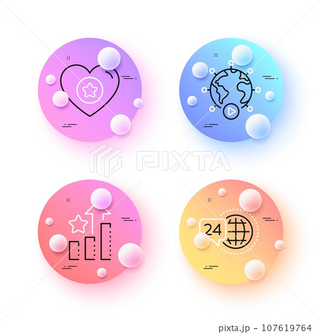 Video conference, Heart and 24h service minimal line icons. 3d spheres or balls buttons. Ranking stars icons. For web, application, printing. Online meeting, Star rating, Call support. Vector 107619764