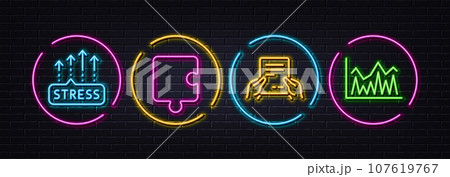 Puzzle, Receive file and Stress grows minimal line icons. Neon laser 3d lights. Investment icons. For web, application, printing. Puzzle piece, Hold document, Mental anxiety. Vector 107619767