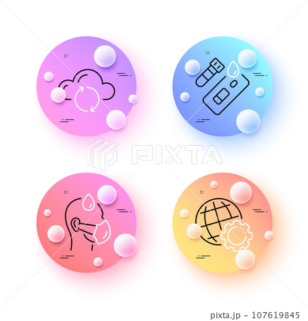Globe, Sick man and Cloud sync minimal line icons. 3d spheres or balls buttons. Covid test icons. For web, application, printing. Internet settings, Epidemic protection, Document storage. Vector Globe, Sick man and Cloud sync minimal line icons. 3d spheres or balls buttons. Covid test icons. For web, application, printing. Internet settings, Epidemic protection, Document storage. Vector 107619845