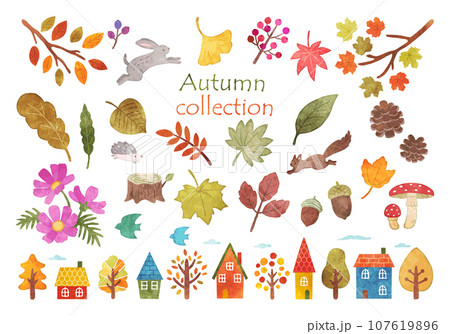 手描き水彩　秋のイラストセット　北欧風 107619896