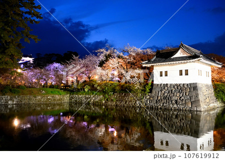 関東地方・小田原城・夜桜・馬屋曲輪から眺める見事なお堀の水鏡と天守閣と隅櫓・神奈川県小田原市(5) 関東地方・小田原城・夜桜・馬屋曲輪から眺める見事なお堀の水鏡と天守閣と隅櫓・神奈川県小田原市(5) 107619912