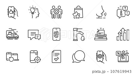 Outline set of Analysis graph, Fingerprint and Employees teamwork line icons for web application. Talk, information, delivery truck outline icon. Include Seo phone, Idea, Travel loan icons. Vector Outline set of Analysis graph, Fingerprint and Employees teamwork line icons for web application. Talk, information, delivery truck outline icon. Include Seo phone, Idea, Travel loan icons. Vector 107619943