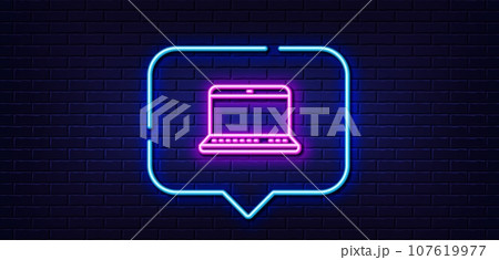 Neon light speech bubble. Laptop computer icon. Notebook sign. Portable personal computer symbol. Neon light background. Notebook glow line. Brick wall banner. Vector 107619977