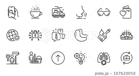 Outline set of Coronavirus lungs, Eyeglasses and Cleaning line icons for web application. Talk, information, delivery truck outline icon. Include Seo idea, Painter, Human resources icons. Vector 107620058
