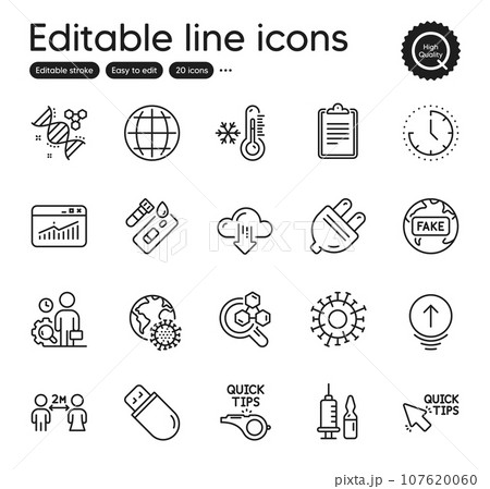 Set of Science outline icons. Contains icons as Swipe up, Medical vaccination and Coronavirus pandemic elements. Usb stick, Coronavirus, Chemistry lab web signs. Cloud download. Vector 107620060