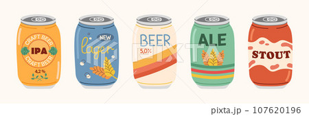 Set of beers in aluminum cans. Colored hand drawn illustration of different beer types, labels. Design elements for menu restaurant, pub. 107620196