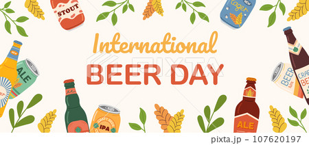 Banner for International Beer Day. Beer day celebration template. Background with various green, brown, yellow glass beer bottles. Vector illustration. 107620197