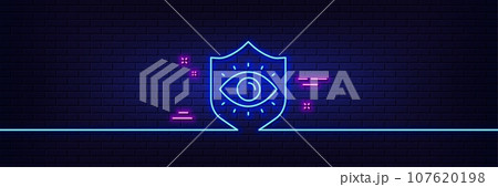 Neon light glow effect. Eye protection line icon. Oculist clinic sign. Optometry vision symbol. 3d line neon glow icon. Brick wall banner. Eye protection outline. Vector 107620198
