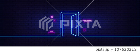 Neon light glow effect. Open door line icon. Entrance doorway sign. Building entry symbol. 3d line neon glow icon. Brick wall banner. Open door outline. Vector 107620215