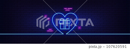Neon light glow effect. Love Gift box line icon. Present or Sale sign. Birthday Shopping symbol. Package in Gift Wrap. 3d line neon glow icon. Brick wall banner. Romantic gift outline. Vector 107620591