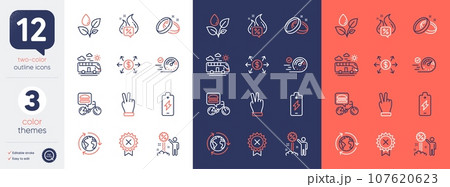 Set of Outsourcing, Battery charging and Speedometer line icons. Include Bus travel, Food delivery, Reject medal icons. Dollar exchange, Discount, Victory hand web elements. Vector 107620623