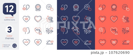 Set of Romantic talk, Heart and Nice girl line icons. Include Like button, Love him, Couple icons. Love, Honeymoon travel, Romantic dinner web elements. Divorce lawyer, Genders. Sweetheart. Vector 107620690