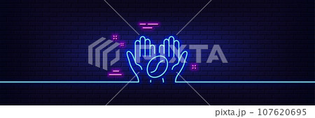 Neon light glow effect. Coffee line icon. Hold roasted bean sign. Love caffeine symbol. 3d line neon glow icon. Brick wall banner. Coffee outline. Vector 107620695
