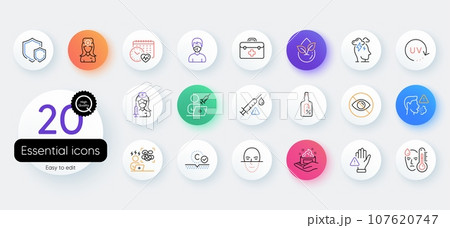 Simple set of Alcohol free, Cough and Cardio calendar line icons. Include Vaccination appointment, Not looking, Uv protection icons. Vaccine attention, Medical mask, Dont touch web elements. Vector Simple set of Alcohol free, Cough and Cardio calendar line icons. Include Vaccination appointment, Not looking, Uv protection icons. Vaccine attention, Medical mask, Dont touch web elements. Vector 107620747