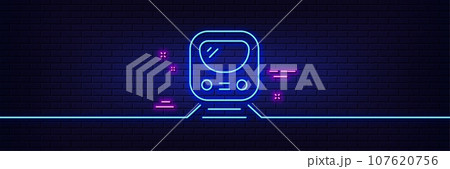 Neon light glow effect. Metro line icon. Subway underground transport sign. Train railway symbol. 3d line neon glow icon. Brick wall banner. Metro outline. Vector 107620756