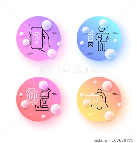 Help app, Voting ballot and Fingerprint research minimal line icons. 3d spheres or balls buttons. Notification cart icons. For web, application, printing. Vector 107620776